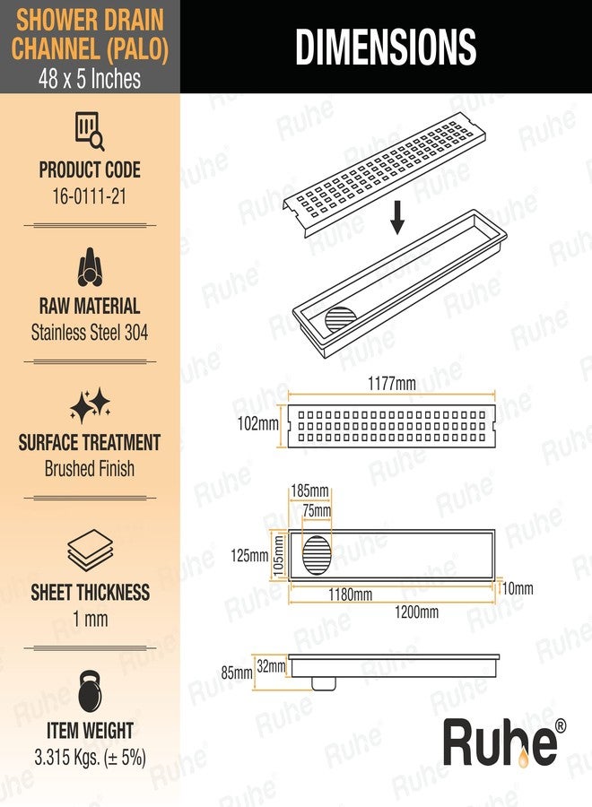 Ruhe® Palo 48 × 5 Inches Floor Drainer | 304 Stainless Steel Palo Shower Water Drain Channel/Waste Water Floor Drain | With Stainless Steel Trap and Side Hole | With Collar - Image 2